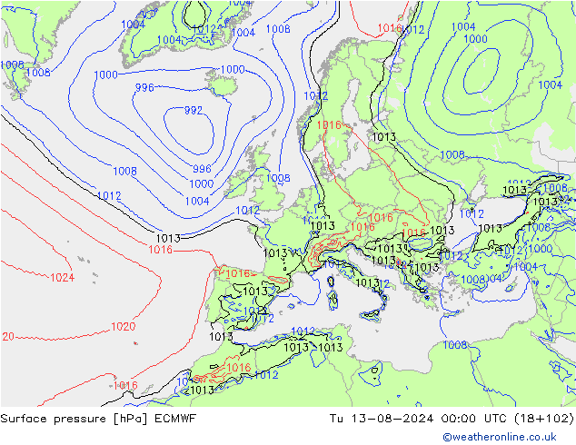 地面气压 ECMWF 星期二 13.08.2024 00 UTC