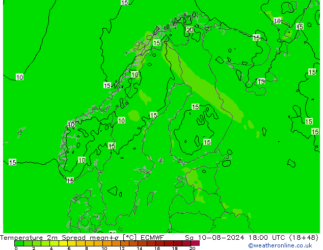 Temperatuurkaart Spread ECMWF za 10.08.2024 18 UTC