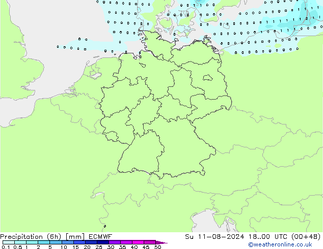 降水量 (6h) ECMWF 星期日 11.08.2024 00 UTC