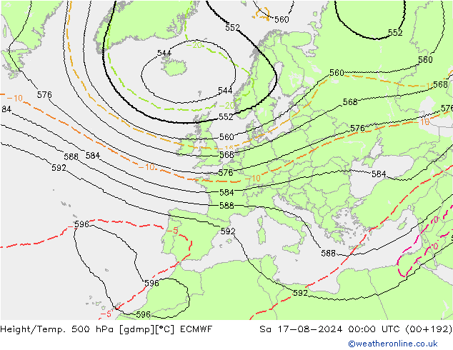 Height/Temp. 500 hPa ECMWF 星期六 17.08.2024 00 UTC