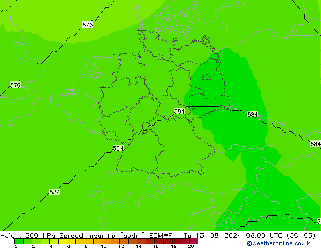 Height 500 hPa Spread ECMWF 星期二 13.08.2024 06 UTC