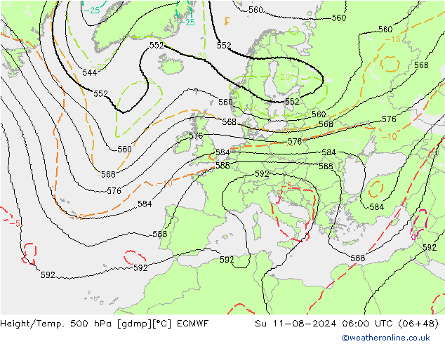 Hoogte/Temp. 500 hPa ECMWF zo 11.08.2024 06 UTC