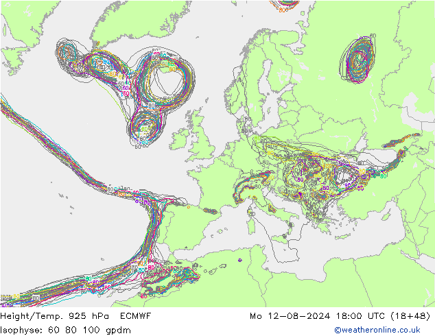 Hoogte/Temp. 925 hPa ECMWF ma 12.08.2024 18 UTC