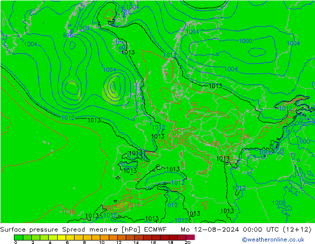 地面气压 Spread ECMWF 星期一 12.08.2024 00 UTC