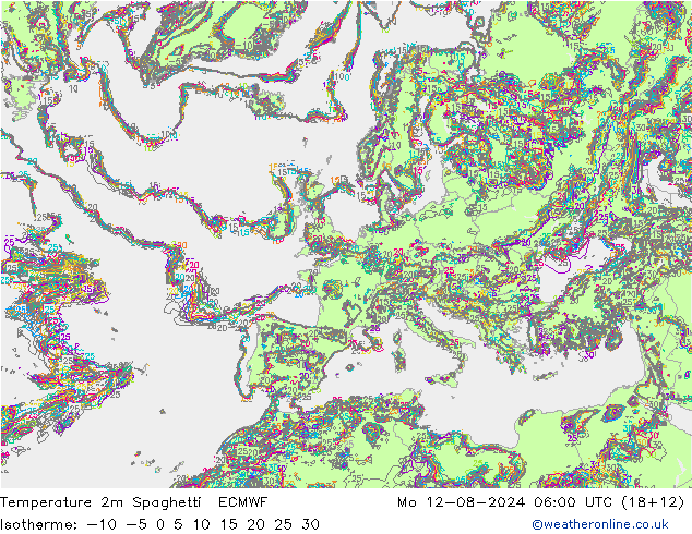 温度图 Spaghetti ECMWF 星期一 12.08.2024 06 UTC