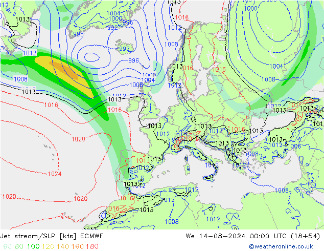 高速氣流/地面气压 ECMWF 星期三 14.08.2024 00 UTC