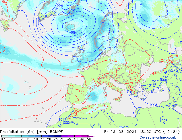 Totale neerslag (6h) ECMWF vr 16.08.2024 00 UTC