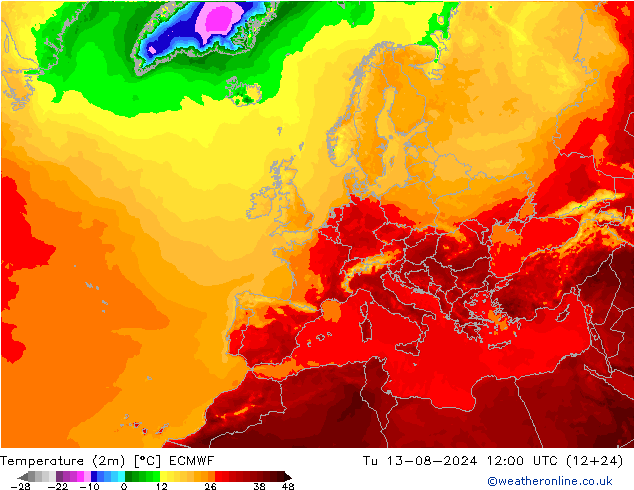 Temperatuurkaart (2m) ECMWF di 13.08.2024 12 UTC