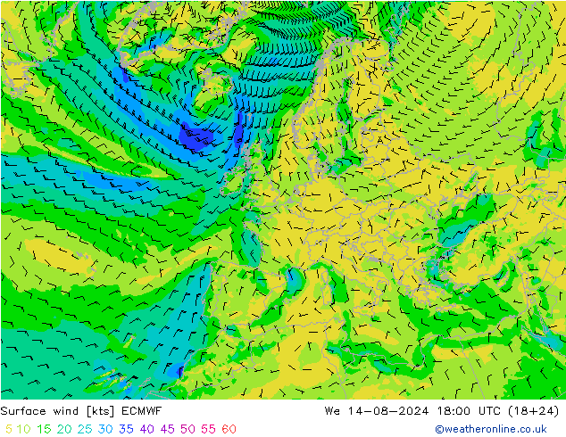 风 10 米 ECMWF 星期三 14.08.2024 18 UTC