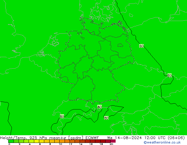 Hoogte/Temp. 925 hPa ECMWF wo 14.08.2024 12 UTC