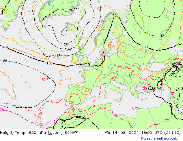 Hoogte/Temp. 850 hPa ECMWF wo 14.08.2024 18 UTC