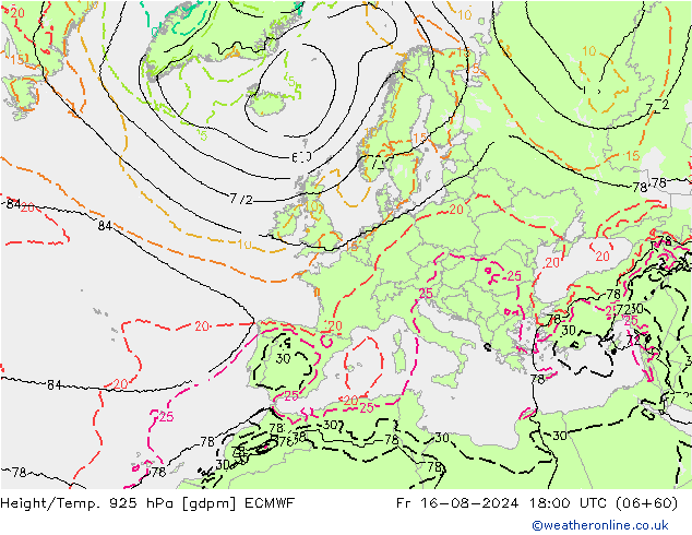 Hoogte/Temp. 925 hPa ECMWF vr 16.08.2024 18 UTC