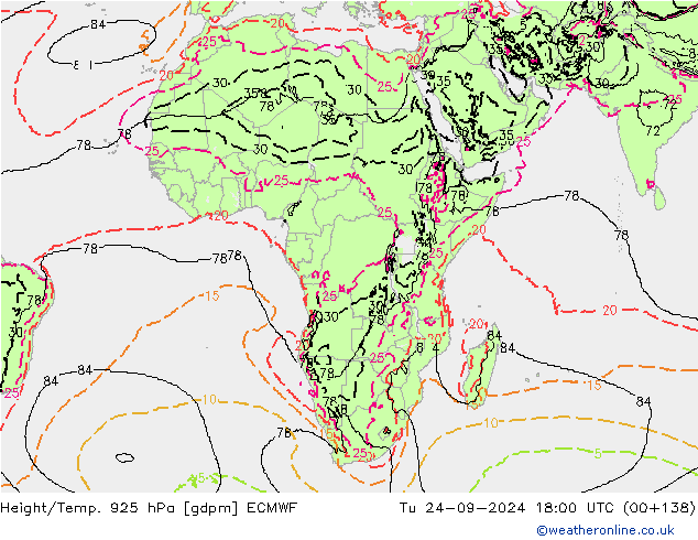 Height/Temp. 925 hPa ECMWF mar 24.09.2024 18 UTC