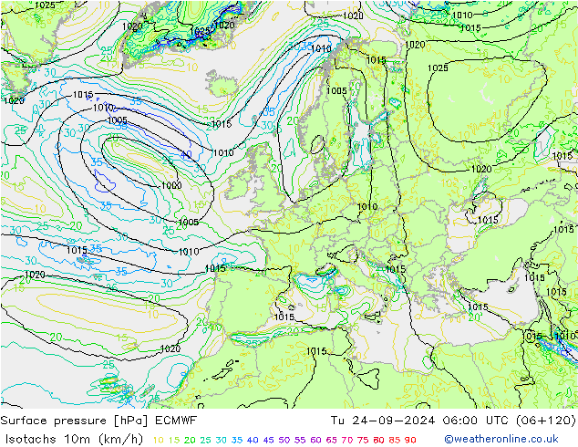 Isotachen (km/h) ECMWF Di 24.09.2024 06 UTC