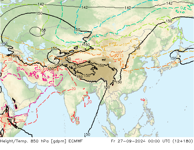 Geop./Temp. 850 hPa ECMWF vie 27.09.2024 00 UTC