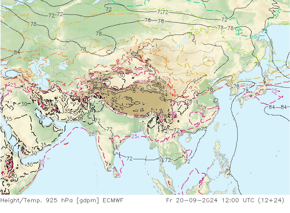 Yükseklik/Sıc. 925 hPa ECMWF Cu 20.09.2024 12 UTC