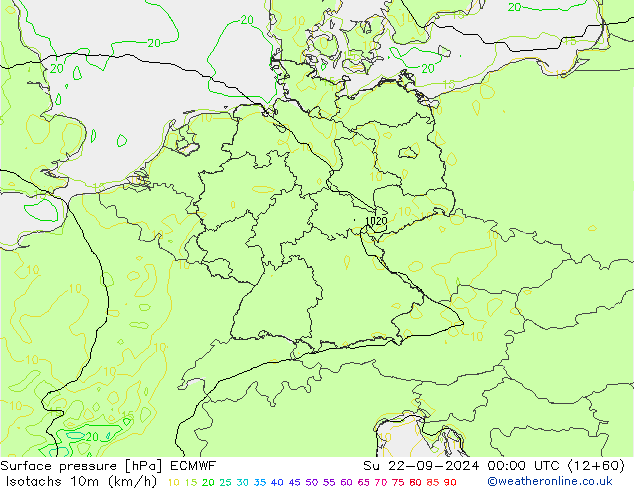 Isotachs (kph) ECMWF Dom 22.09.2024 00 UTC