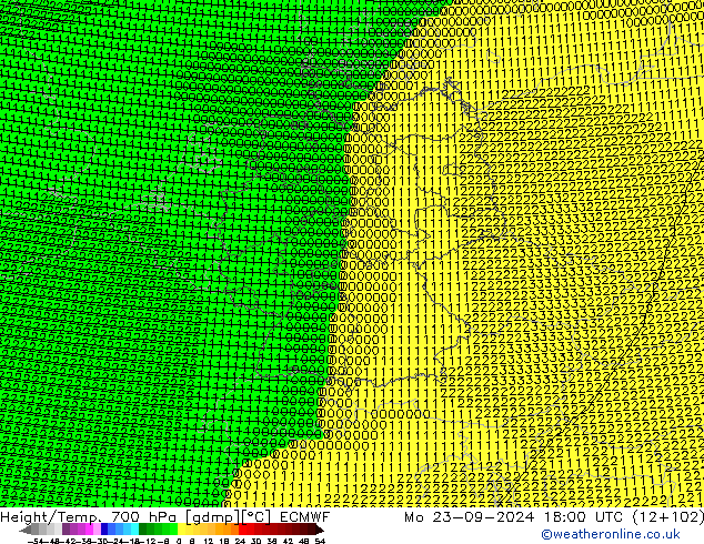 Height/Temp. 700 hPa ECMWF Mo 23.09.2024 18 UTC