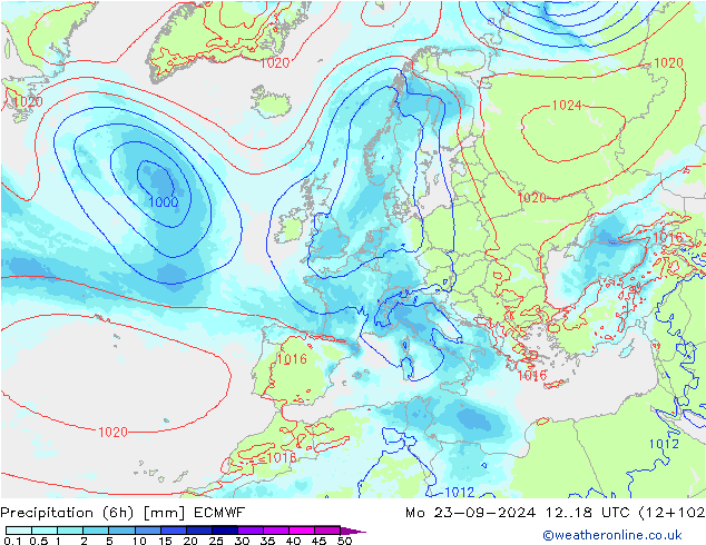 Nied. akkumuliert (6Std) ECMWF Mo 23.09.2024 18 UTC