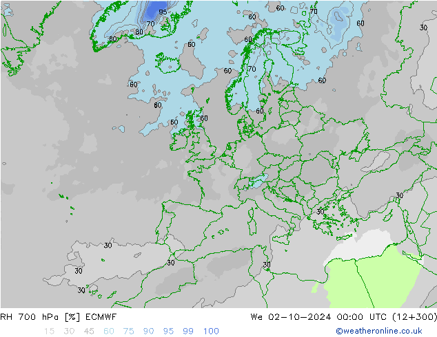 RH 700 hPa ECMWF Mi 02.10.2024 00 UTC