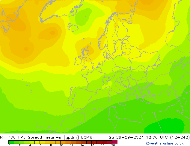 RH 700 hPa Spread ECMWF nie. 29.09.2024 12 UTC