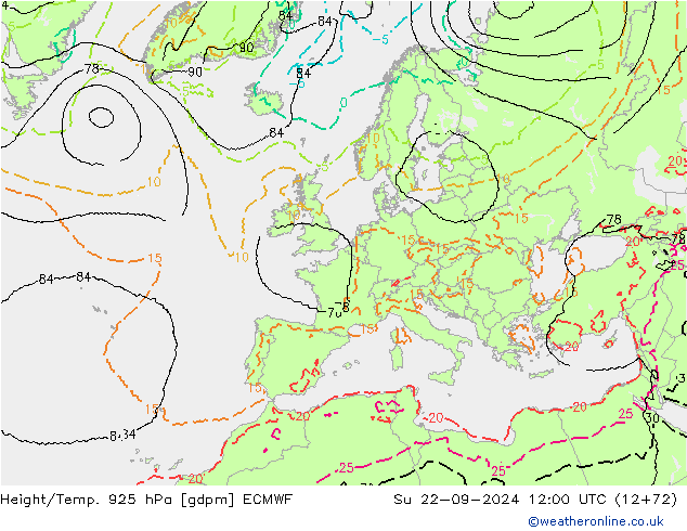 Height/Temp. 925 hPa ECMWF Su 22.09.2024 12 UTC