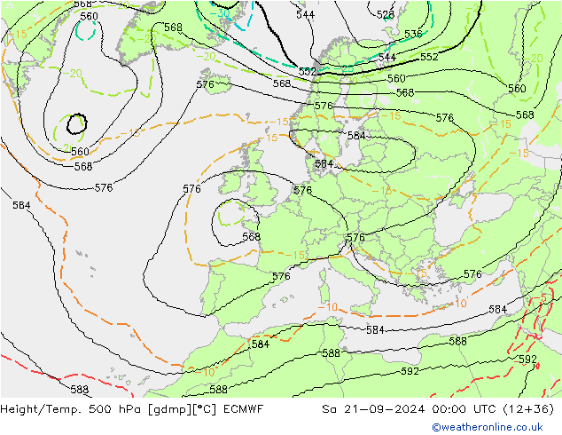 Height/Temp. 500 hPa ECMWF so. 21.09.2024 00 UTC