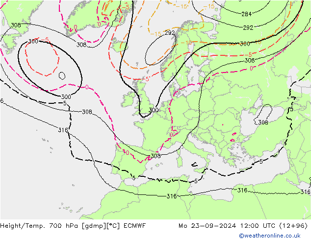 Height/Temp. 700 hPa ECMWF Mo 23.09.2024 12 UTC