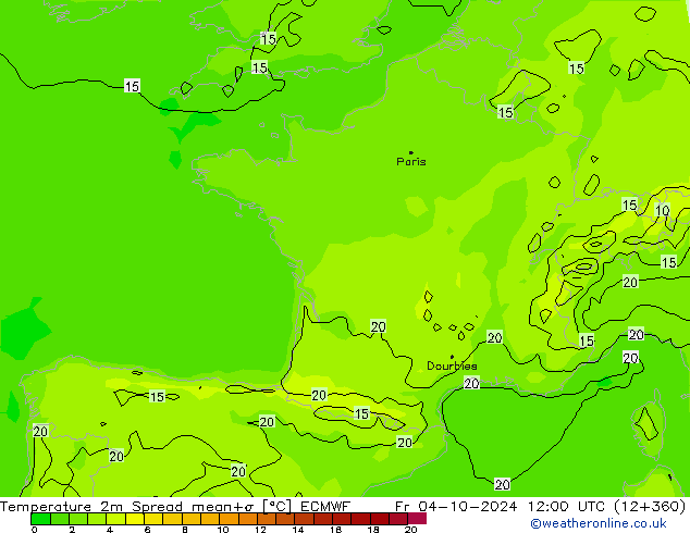 Temperatuurkaart Spread ECMWF vr 04.10.2024 12 UTC