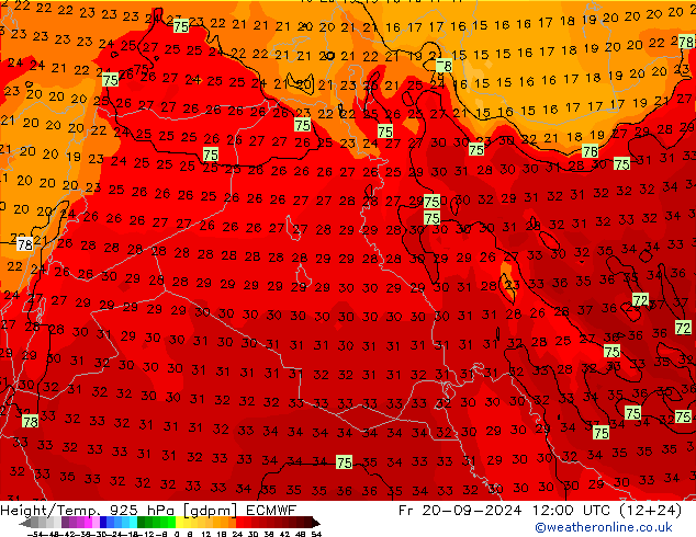 Height/Temp. 925 hPa ECMWF ven 20.09.2024 12 UTC