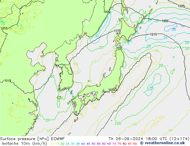 Isotachs (kph) ECMWF Th 26.09.2024 18 UTC