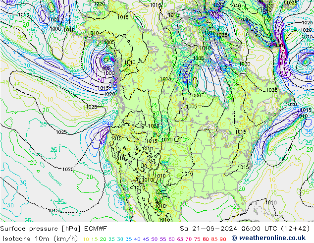 Isotachs (kph) ECMWF сб 21.09.2024 06 UTC