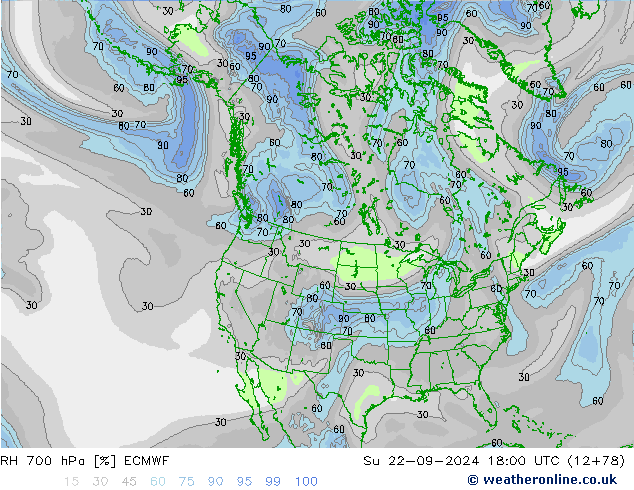 RH 700 hPa ECMWF Dom 22.09.2024 18 UTC