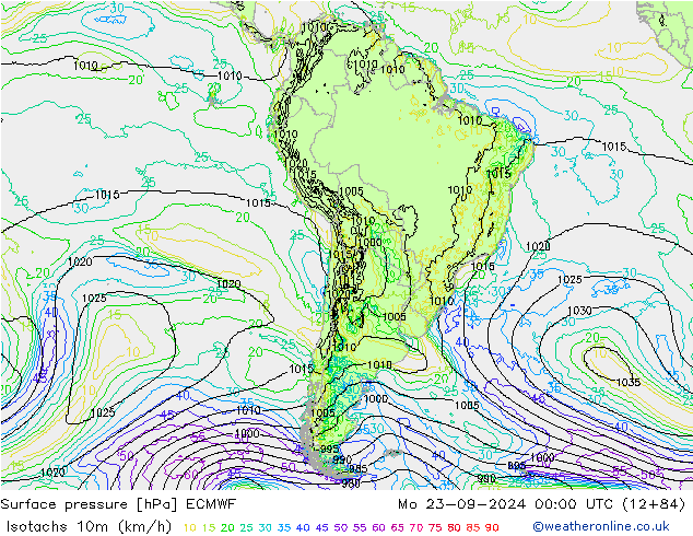 Isotachs (kph) ECMWF lun 23.09.2024 00 UTC