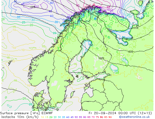 Isotachs (kph) ECMWF  20.09.2024 00 UTC