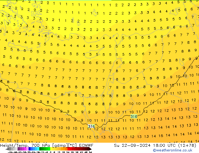 Height/Temp. 700 гПа ECMWF Вс 22.09.2024 18 UTC