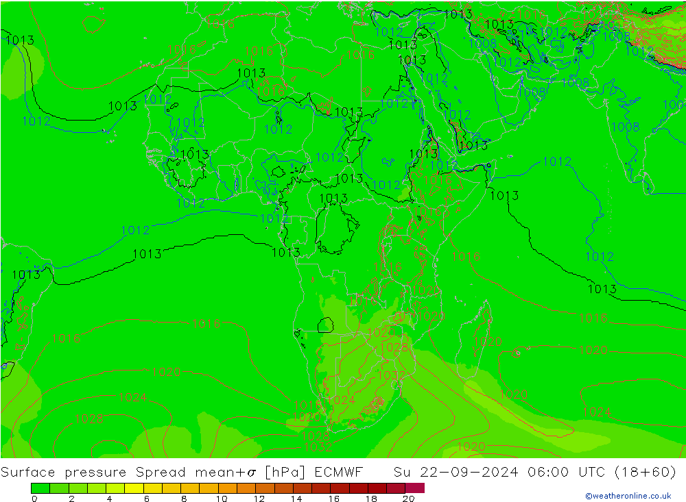 Surface pressure Spread ECMWF Su 22.09.2024 06 UTC