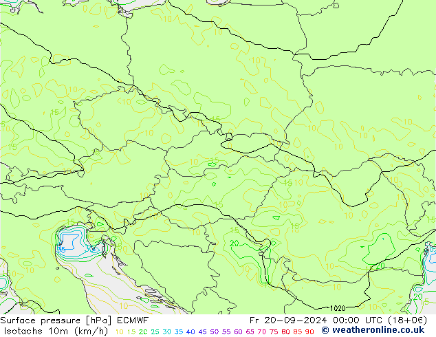 Isotachs (kph) ECMWF Fr 20.09.2024 00 UTC