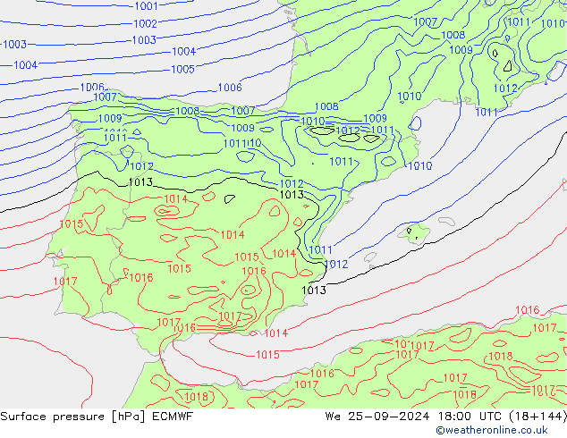 Presión superficial ECMWF mié 25.09.2024 18 UTC