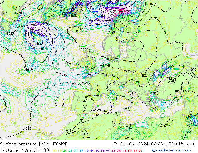 Isotachen (km/h) ECMWF vr 20.09.2024 00 UTC