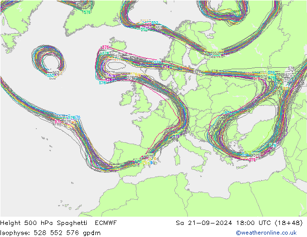 Height 500 hPa Spaghetti ECMWF Sa 21.09.2024 18 UTC