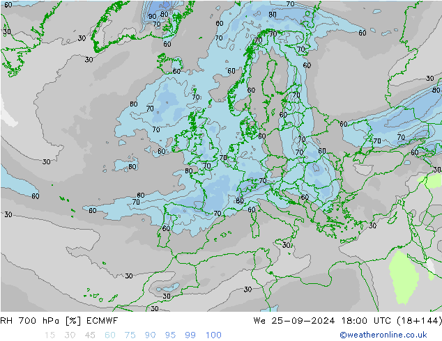 RH 700 hPa ECMWF śro. 25.09.2024 18 UTC