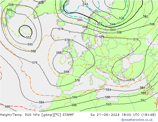 Height/Temp. 500 hPa ECMWF Sa 21.09.2024 18 UTC