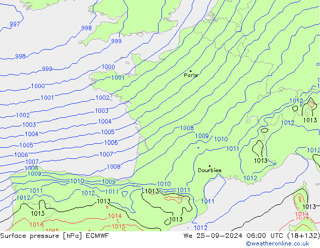 Presión superficial ECMWF mié 25.09.2024 06 UTC