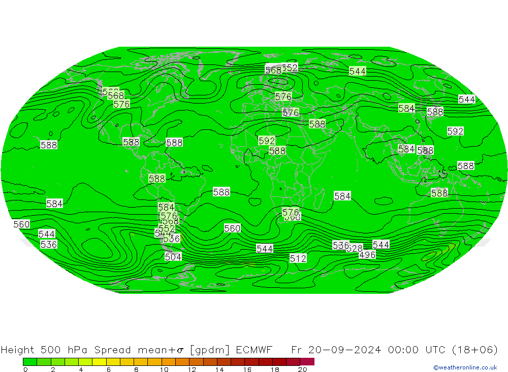 Hoogte 500 hPa Spread ECMWF vr 20.09.2024 00 UTC