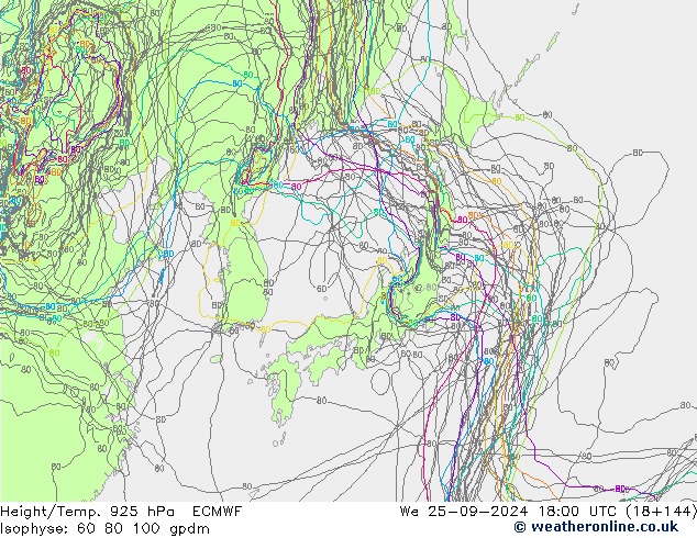 Height/Temp. 925 hPa ECMWF We 25.09.2024 18 UTC