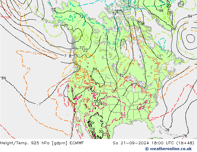 Height/Temp. 925 hPa ECMWF Sa 21.09.2024 18 UTC