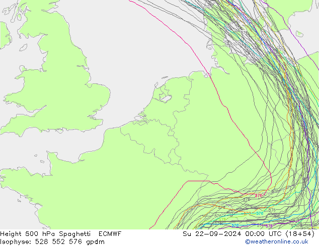 Height 500 hPa Spaghetti ECMWF Su 22.09.2024 00 UTC