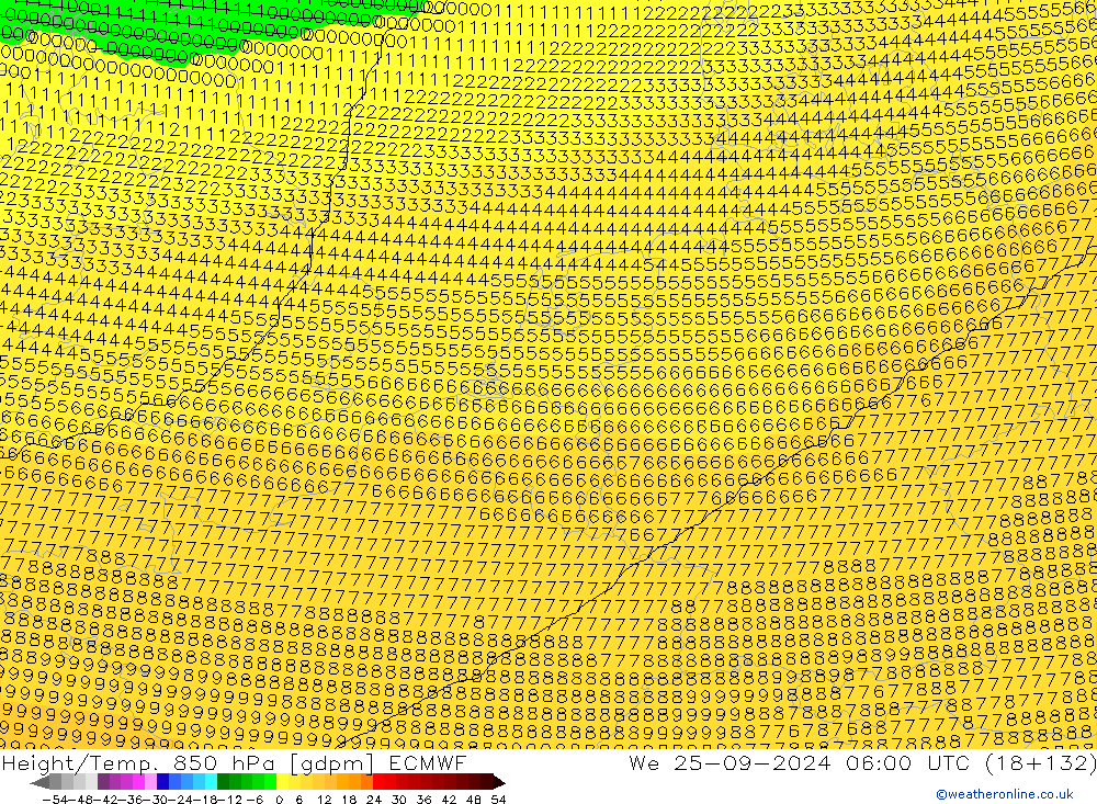 Geop./Temp. 850 hPa ECMWF mié 25.09.2024 06 UTC