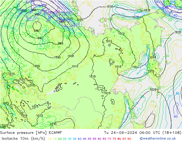 Isotachs (kph) ECMWF Út 24.09.2024 06 UTC